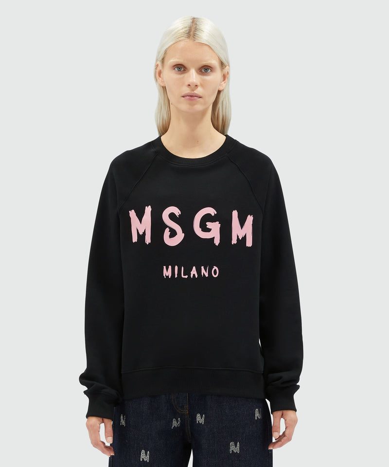 Black jersey sweatshirt with pink brushstroke logo BLACK Women 