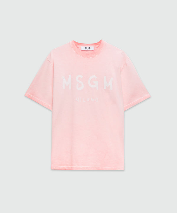 Pink faded-effect jersey T-shirt with brushstroke logo