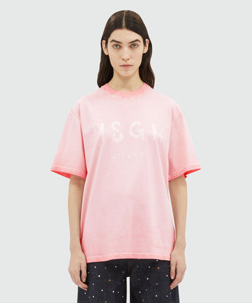 Pink faded-effect jersey T-shirt with brushstroke logo