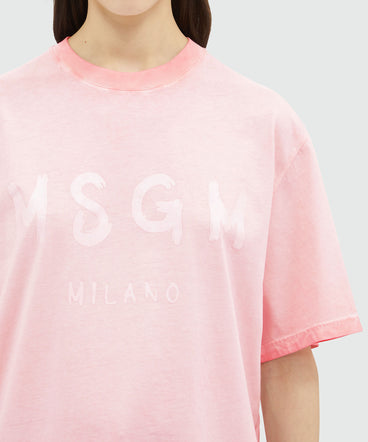 Pink faded-effect jersey T-shirt with brushstroke logo