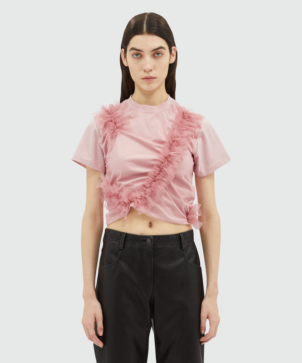 Crop-top T-shirt with tulle ruffles