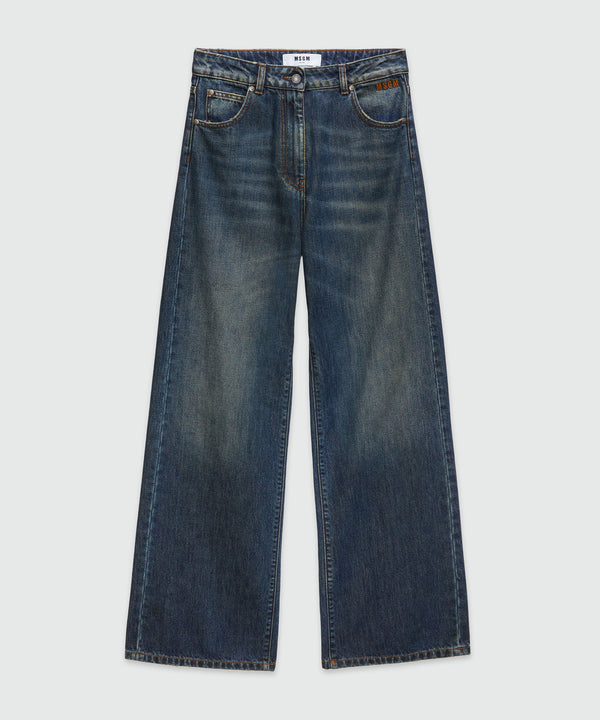 Wide-leg pre-washed effect dark blue denim pants