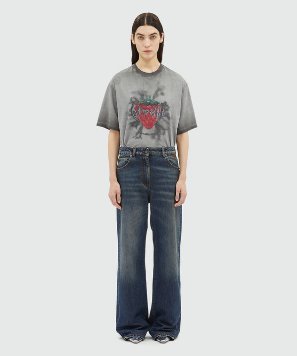 Wide-leg pre-washed effect dark blue denim pants