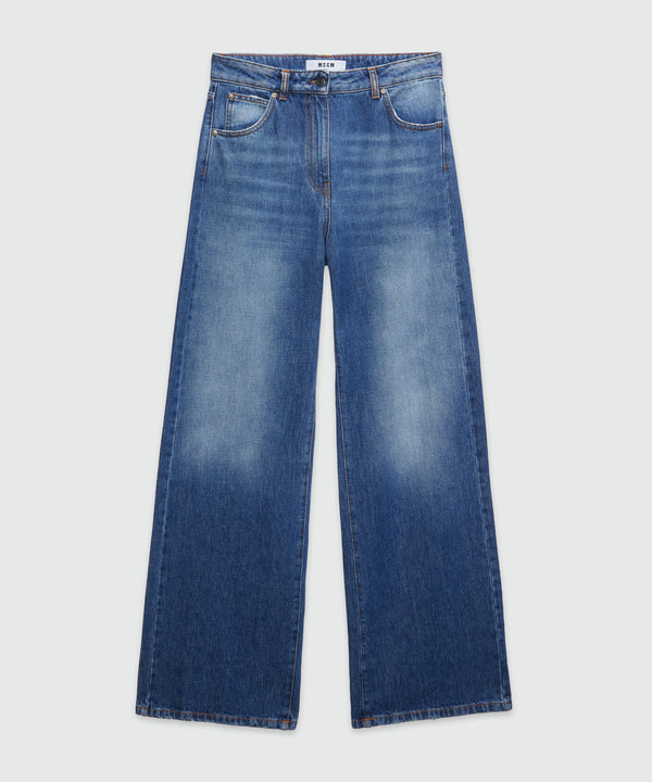 Wide-leg pre-washed effect blue denim pants