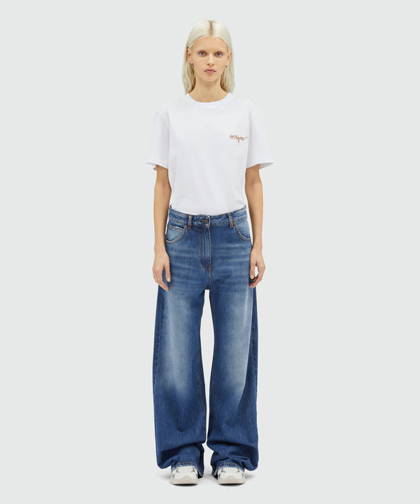 Wide-leg pre-washed effect blue denim pants