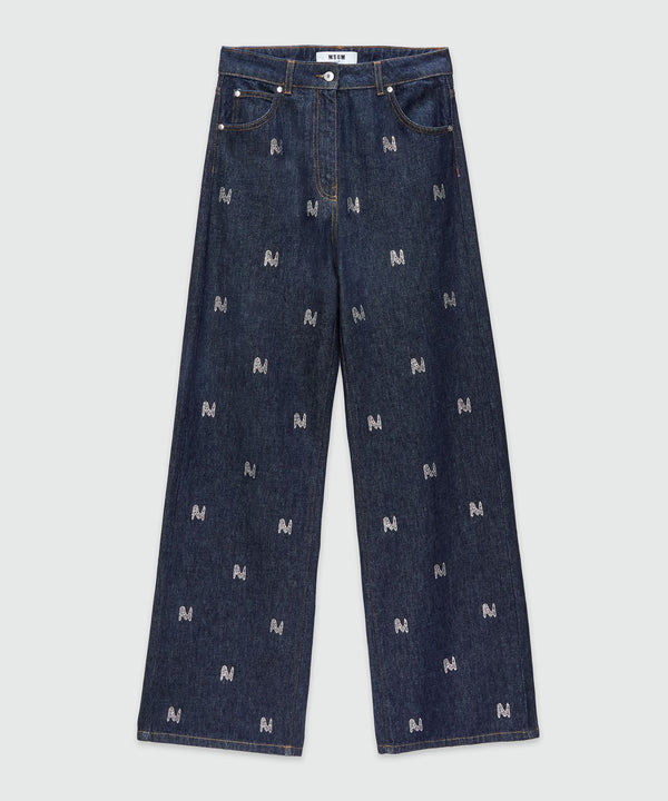 Wide-leg denim pants with  "TheMwave" motif