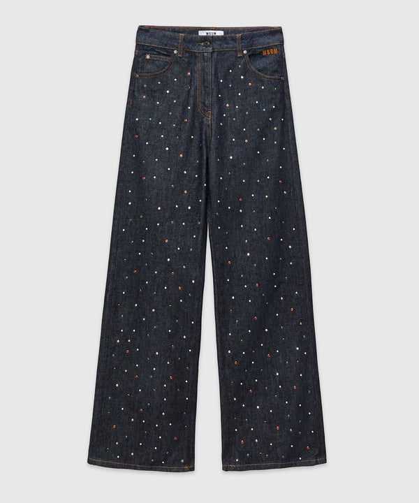 Wide-leg dark blue denim pants with studs