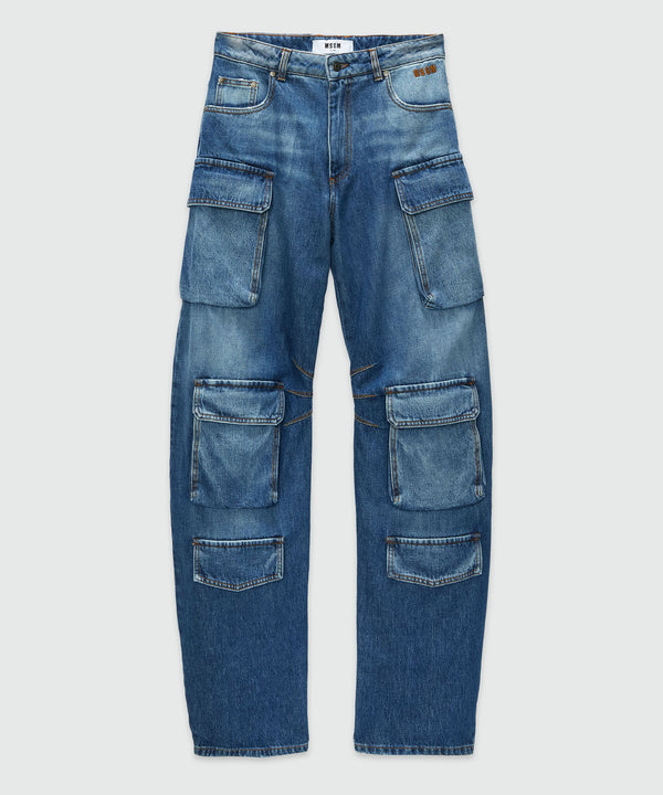 Pre-washed denim cargo pants