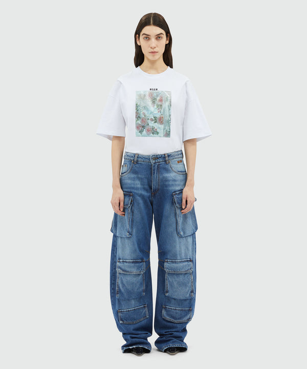 Pre-washed denim cargo pants