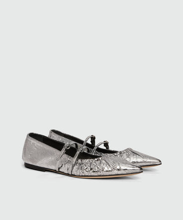 Silver crackle leather ballerina slippers