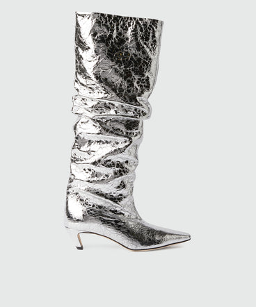 Laminated crackle leather boots