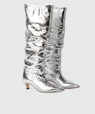 Laminated crackle leather boots