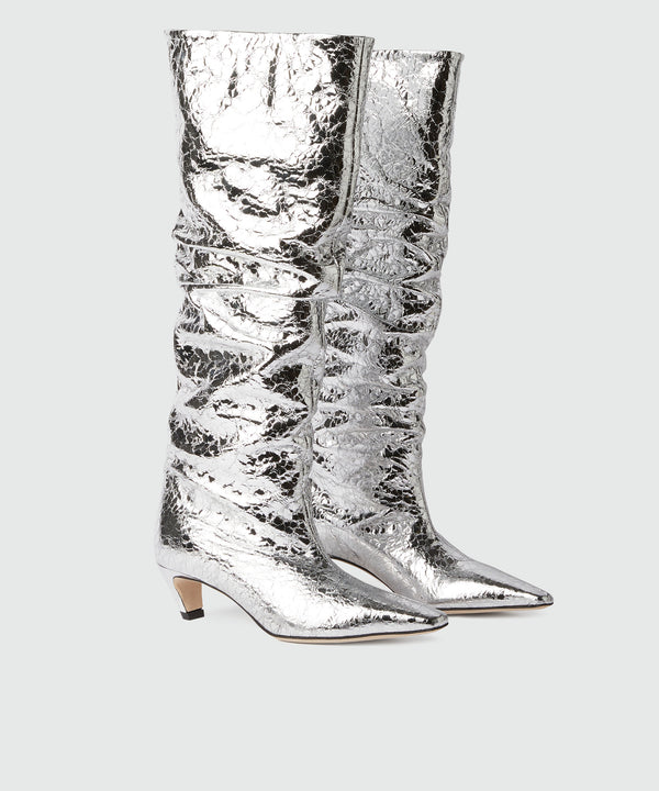 Laminated crackle leather boots