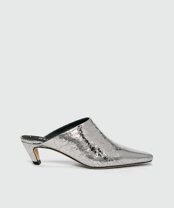 Silver crackle leather mules