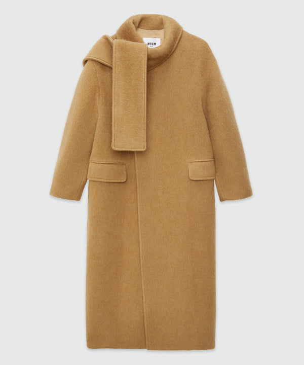 Blended wool long coat with scarfed collar