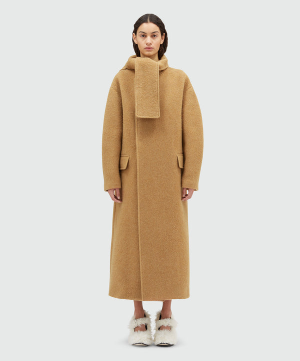 Blended wool long coat with scarfed collar