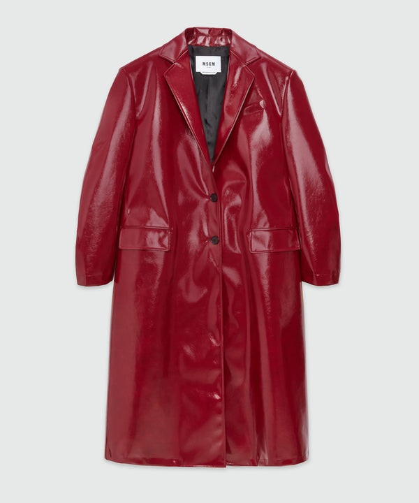 Red patent leather coat with structured shoulders