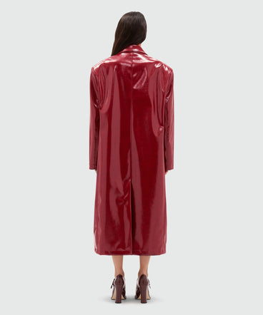 Red patent leather coat with structured shoulders