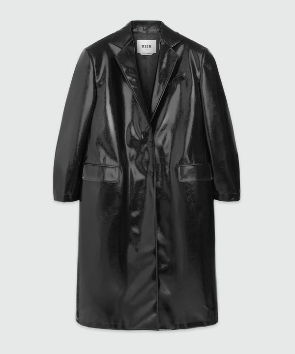 Black patent leather coat with structured shoulders