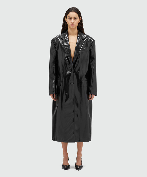 Black patent leather coat with structured shoulders