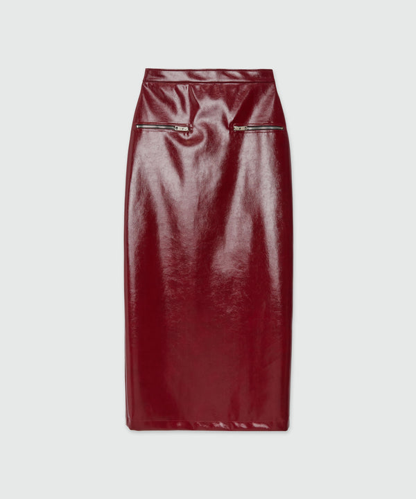 Red patent leather midi skirt