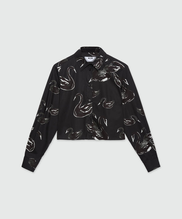 Black poplin shirt with swan print