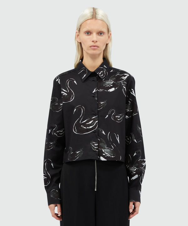 Black poplin shirt with swan print