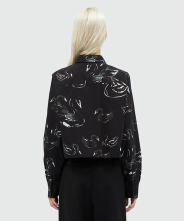 Black poplin shirt with swan print