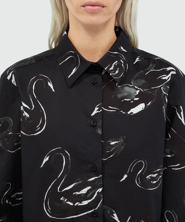 Black poplin shirt with swan print