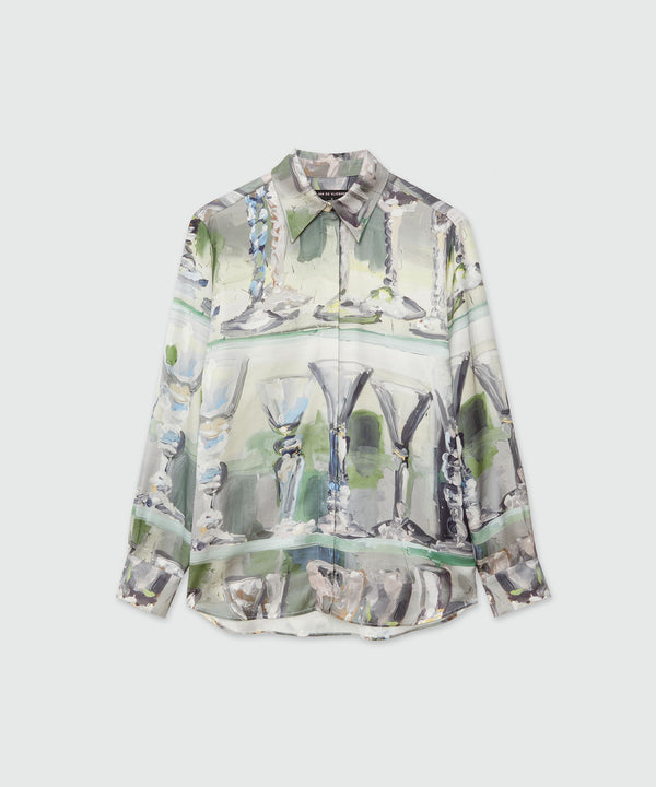 Fluid satin shirt with "Glass" print