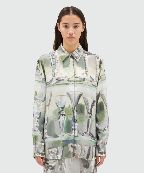 Fluid satin shirt with "Glass" print