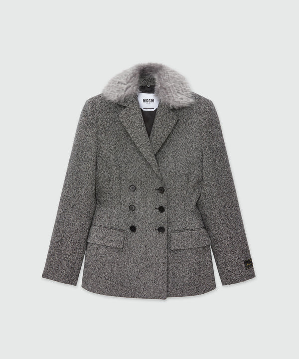 Salt and pepper blended wool jacket with faux-fur