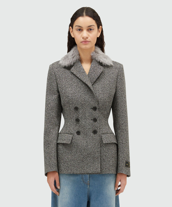 Salt and pepper blended wool jacket with faux-fur