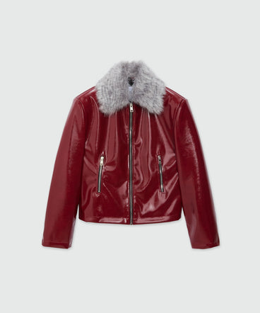 Patent leather jacket with removable faux-fur collar