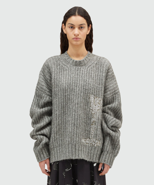 Wide-ribbed sweater with rhinestones