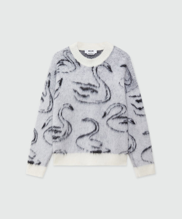 Combed wool sweater with jacquard swans