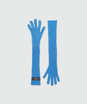 Long blue ribbed woolen gloves