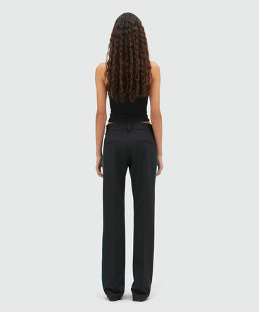 Black blended wool pants with green zippers