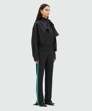 Black blended wool pants with green zippers