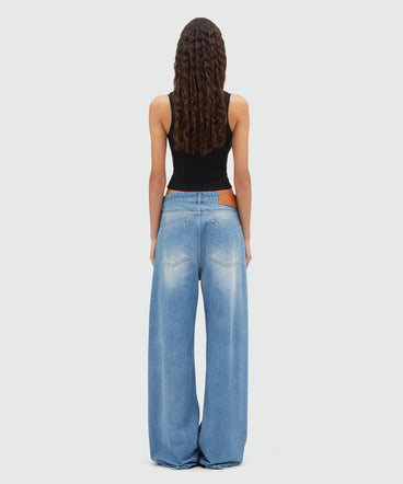 Pre-washed wide leg denim pants