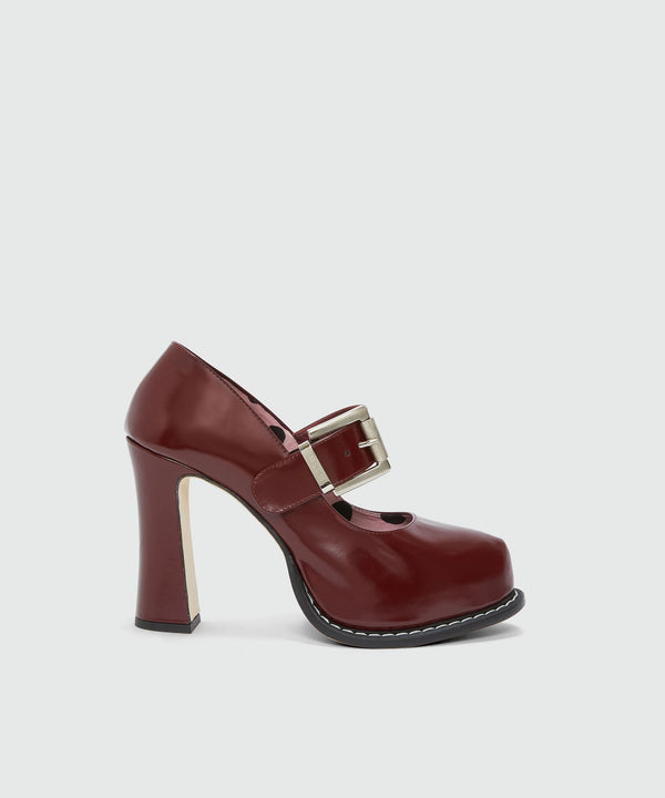 Burgundy patent leather Mary Janes with platform