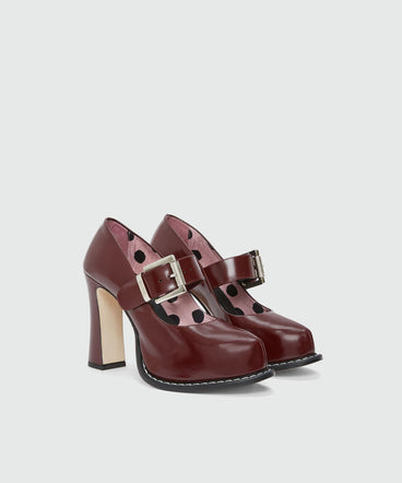 Burgundy patent leather Mary Janes with platform