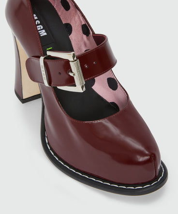 Burgundy patent leather Mary Janes with platform