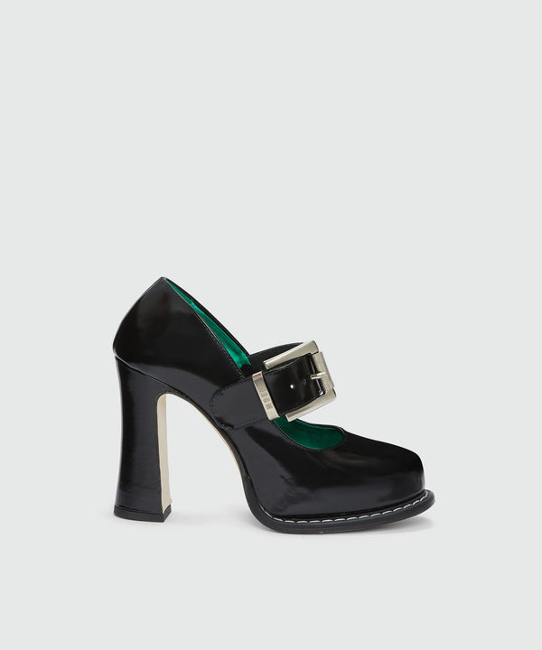 Black patent leather Mary Janes with platform