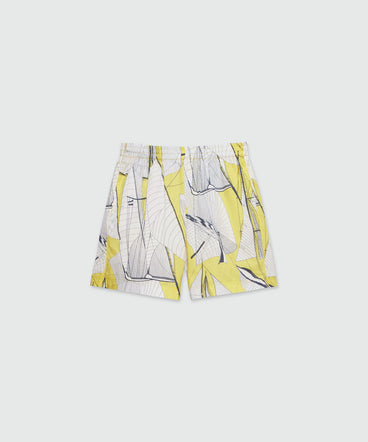 Bermuda shorts in yellow poplin with "Sale race" print