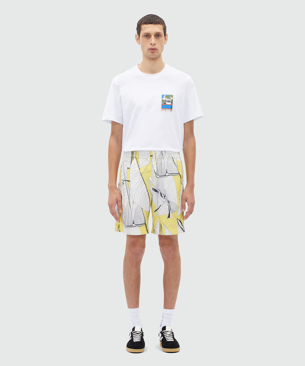 Bermuda shorts in yellow poplin with "Sale race" print