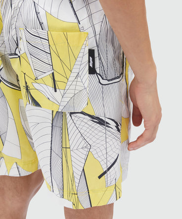 Bermuda shorts in yellow poplin with "Sale race" print