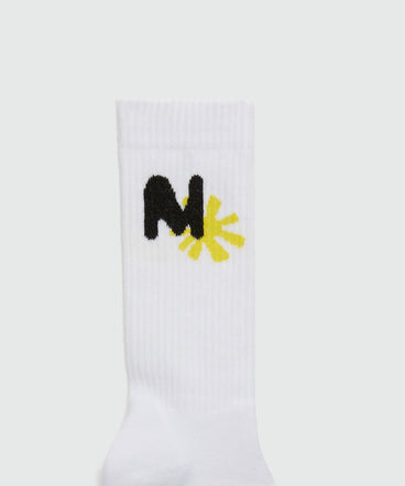 White socks with "TheMwave" jacquard graphics