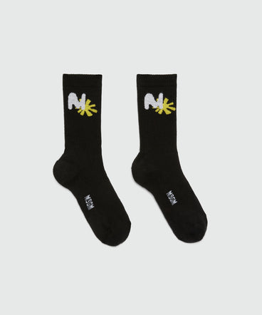 Black socks with "TheMwave" jacquard graphics