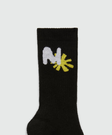 Black socks with "TheMwave" jacquard graphics